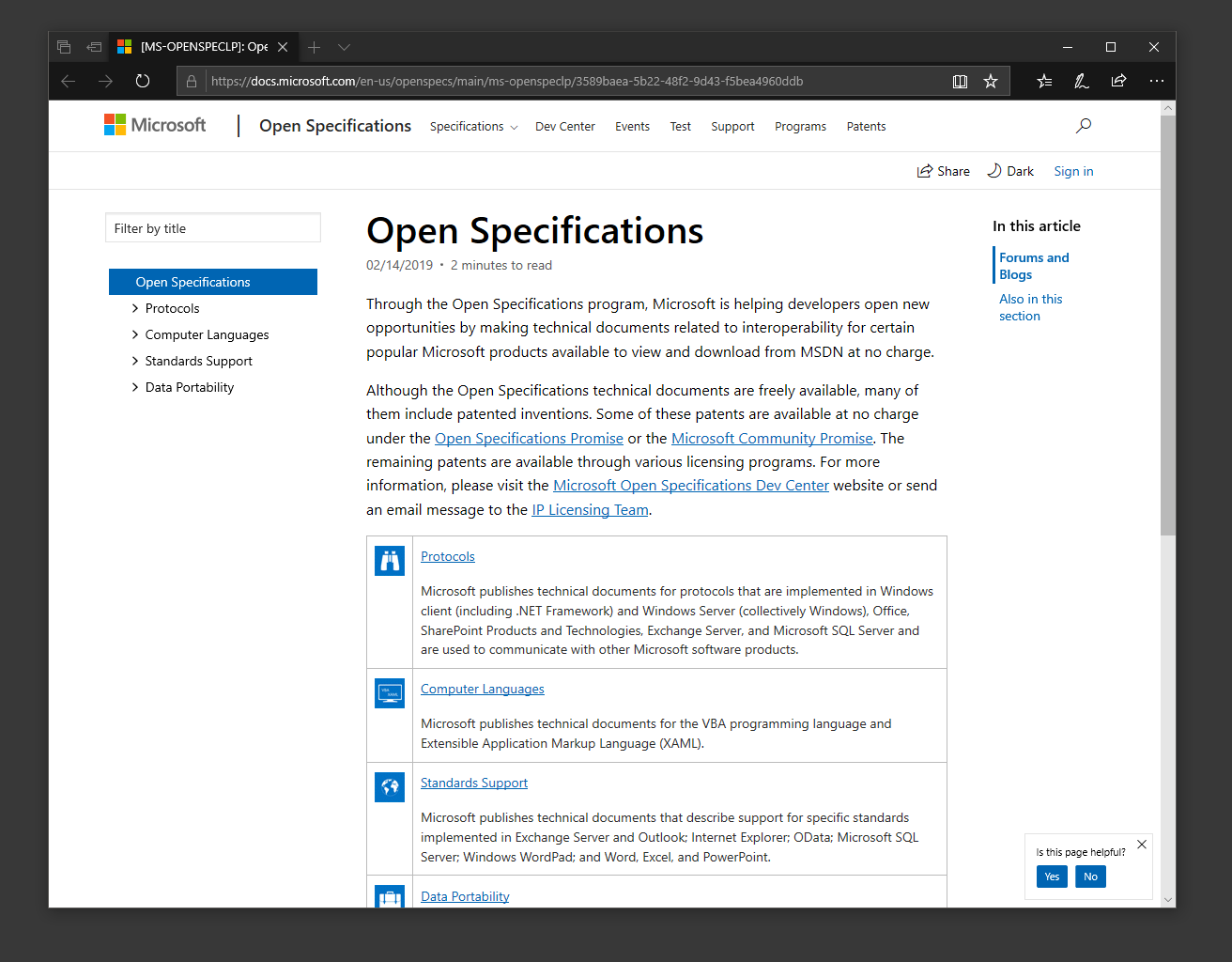 Grouping of Open Specifications content in the table of contents