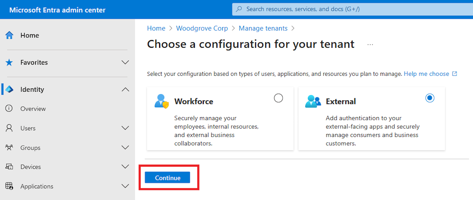 Screenshot of Choose a configuration for your tenant. The External choice group is selected.