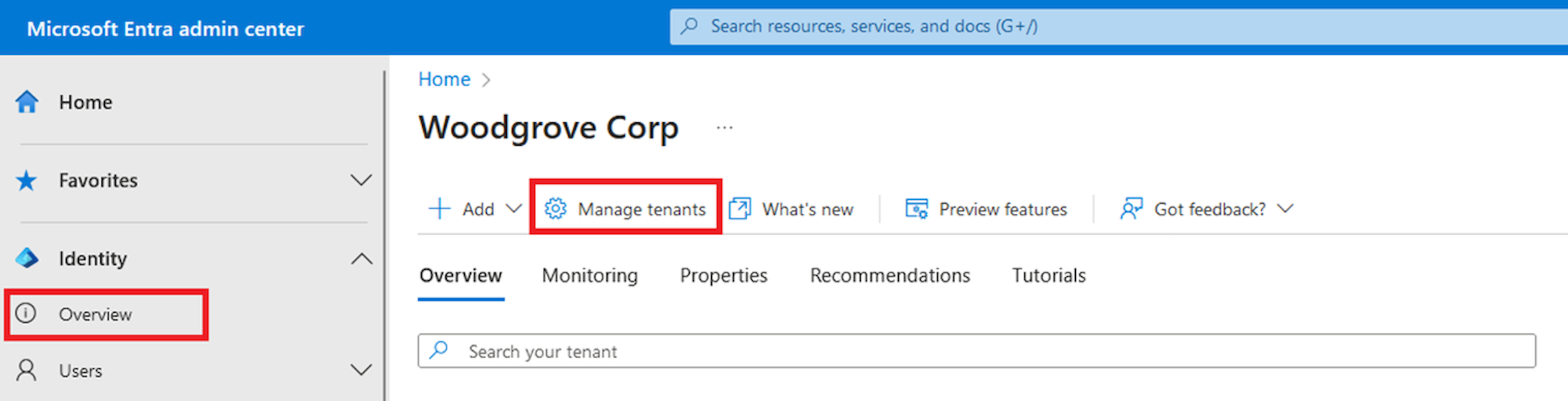 Screenshot of the Identity Overview page. The toolbar button titled Manage tenants is highlighted.