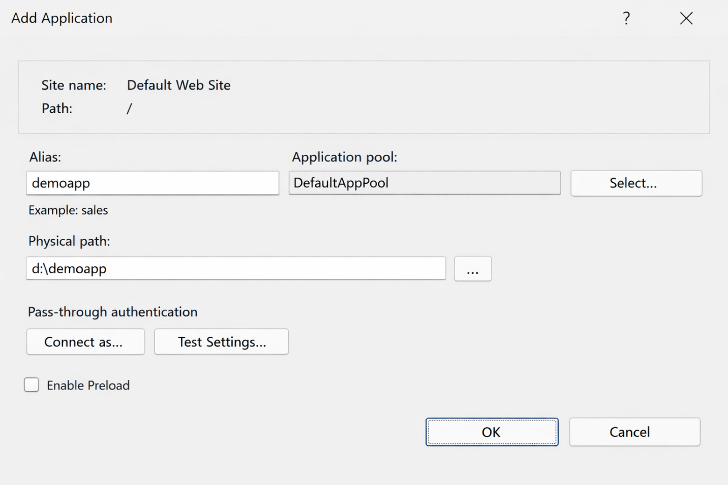 Screenshot of the Add Application dialog box in IIS Manager.
