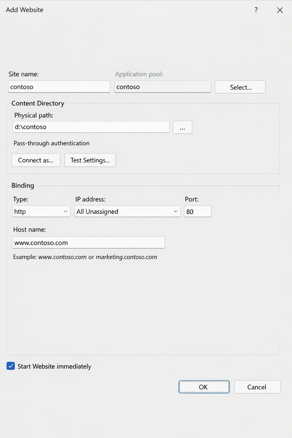 Screenshot of the Add Website dialog box in IIS Manager.