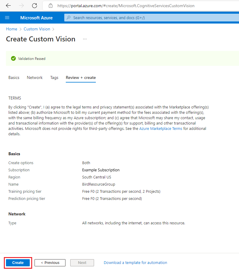 Screenshot that highlights the elements to select in the Azure portal to create a new Custom Vision resource.