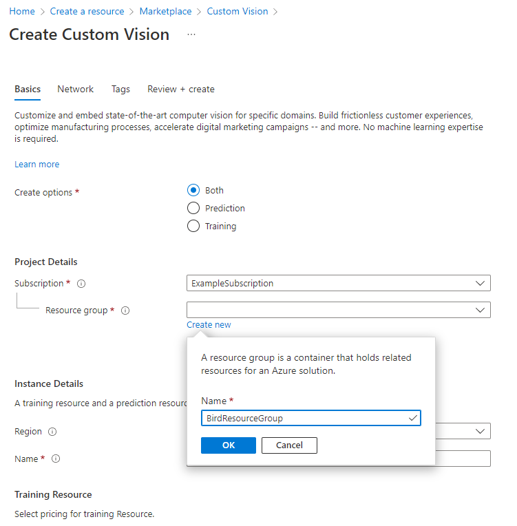 Screenshot that shows how to create a new resource group in the Azure portal.