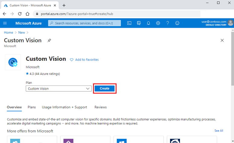 Screenshot that shows searching for Custom Vision resource templates in the Azure portal.