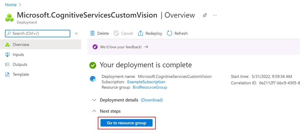 Screenshot that shows the deployment finished page in the Azure portal, with the Go to resource button highlighted.