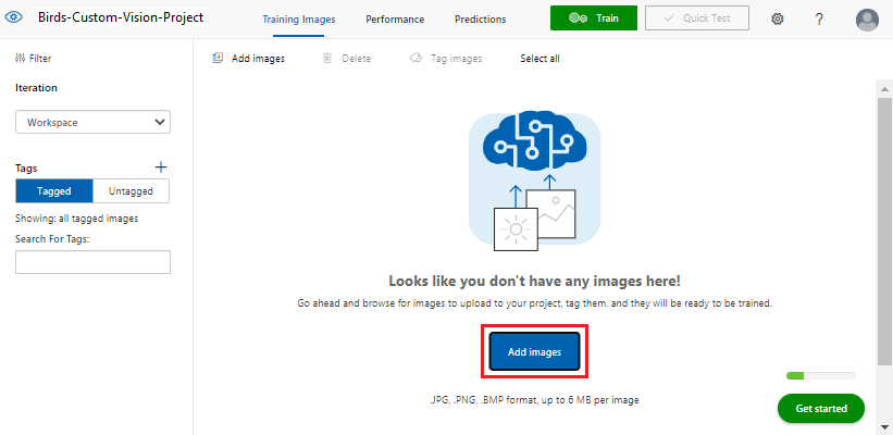 Screenshot that highlights the Add images button in a Custom Vision project.