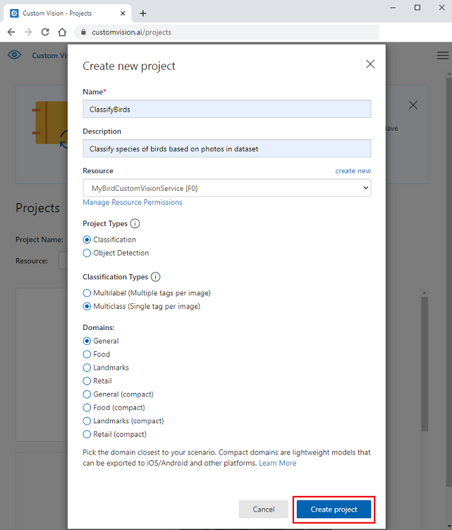 Screenshot that shows how to create a new resource in the Custom Vision portal.
