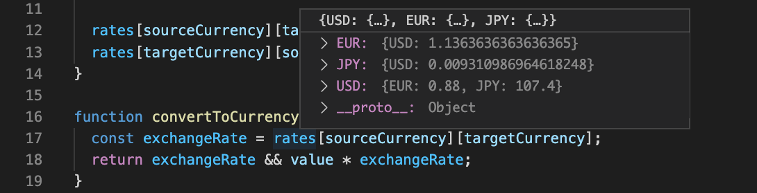 Screenshot of peeking at the rates variable value.