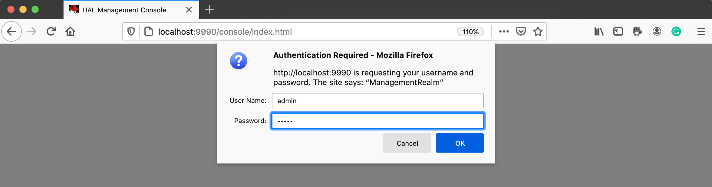 Screenshot that shows the authentication dialog box for the admin console.