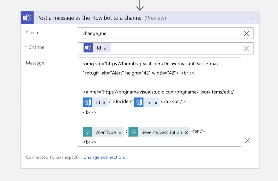 Screenshot of the Post a message as the Flow bot channel block in Logic App Designer view of the Logic App.