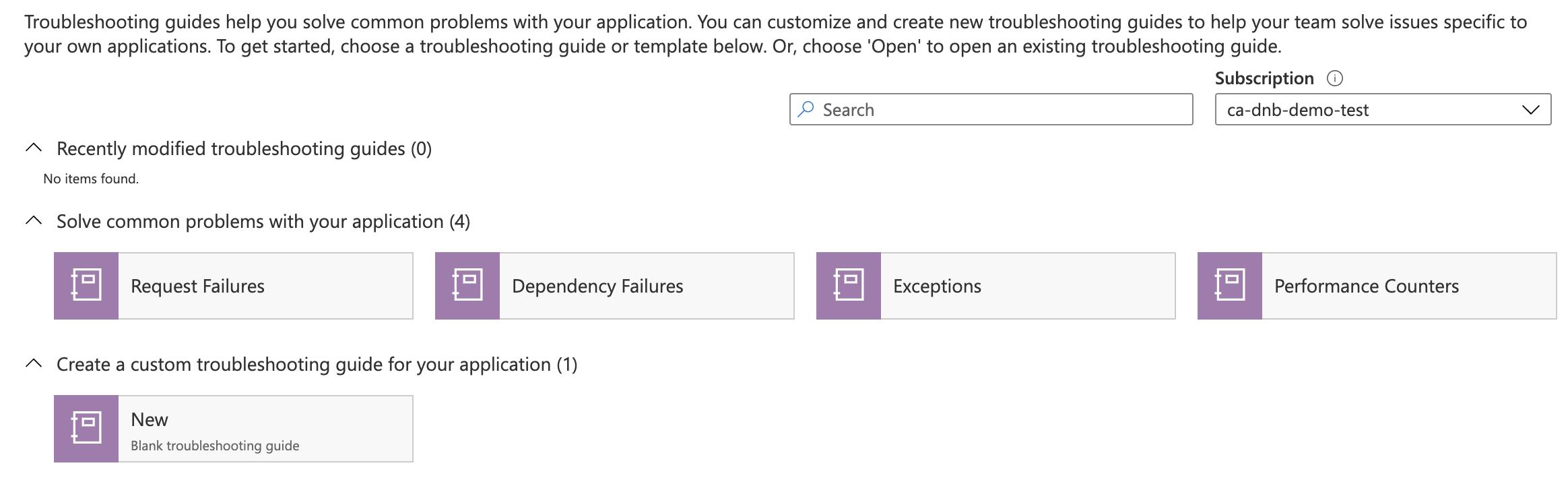 Screenshot of default example troubleshooting guides as found in the Azure portal.