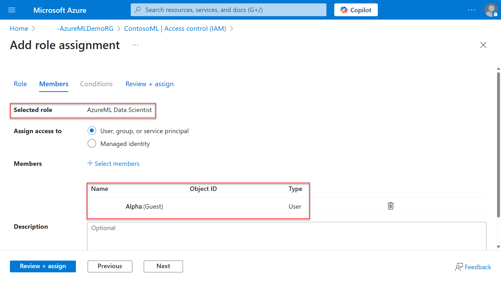 Screenshot of assigning data scientist role in Azure portal to Azure Machine Learning workspace.