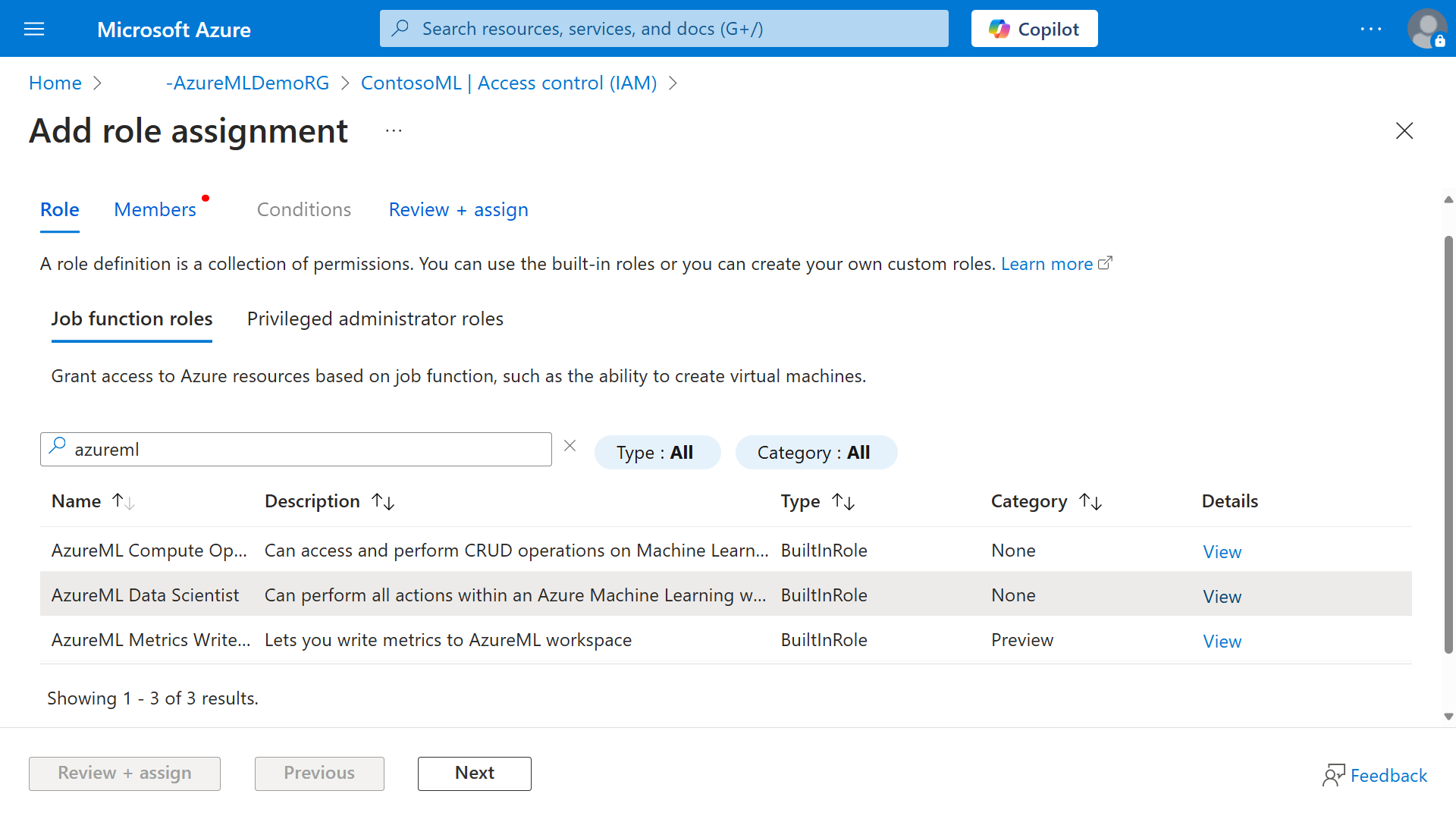 Screenshot of configuring an Azure Machine Learning role assignment in the Azure portal.