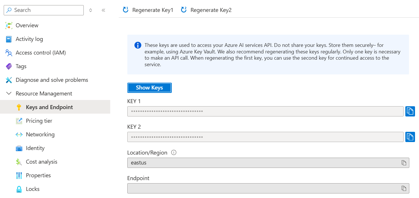 A screenshot of the keys and endpoint for a Content Safety resource. There are 2 keys available in addition to the region and endpoint.