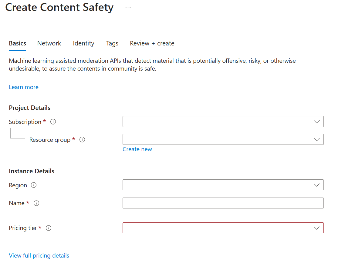 A screenshot of the Create Content Safety screen. Displayed on the screen are fields for subscription, resource group, region, name, and pricing tier.