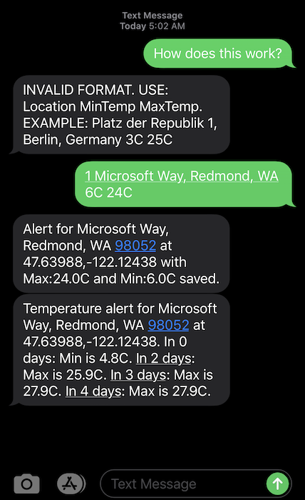 Screenshot of text messages sent to and received by the application.