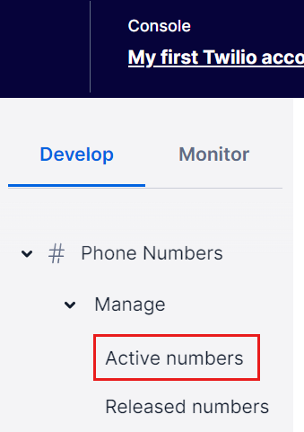 Screenshot that shows the Active numbers button highlighted in Twilio.
