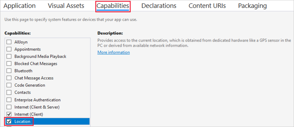 Screenshot that shows the capabilities tab.