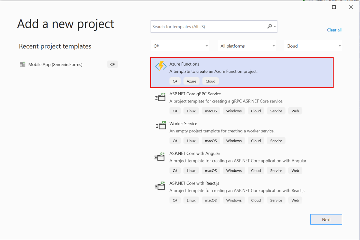 Screenshot that shows the Add New Project dialog.