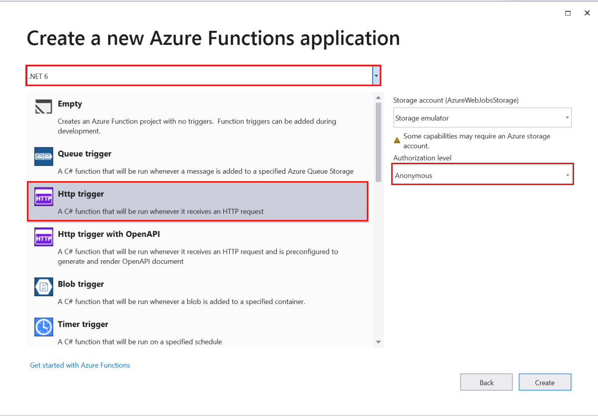 Screenshot that shows the Azure Functions project configuration dialog.