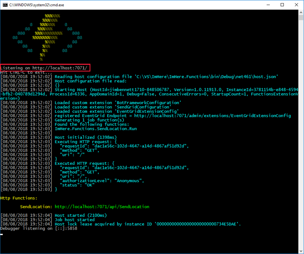 Screenshot that shows the Azure Functions running locally.