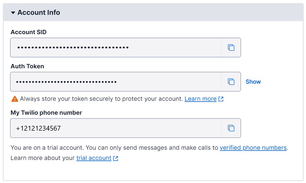 Screenshot that shows the Twilio Account Info panel.