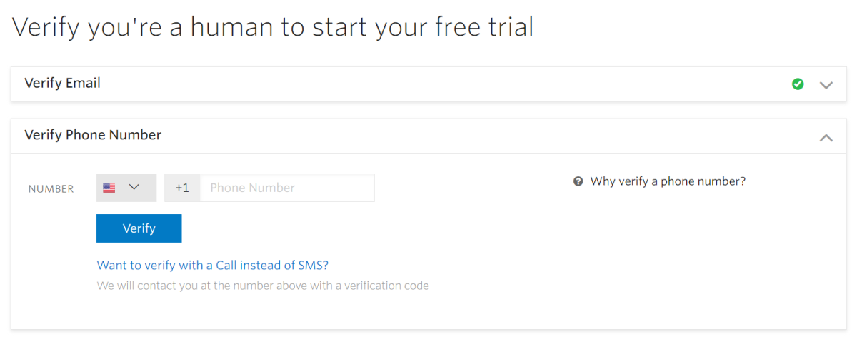 Screenshot that shows the phone verification step in Twilio sign up.