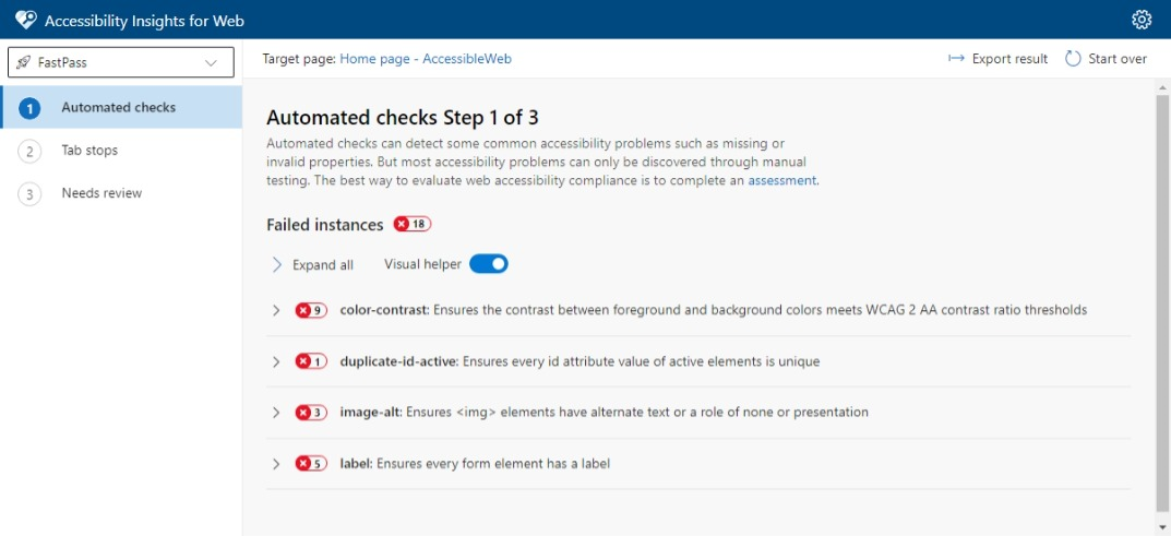 Screenshot that shows automated checks in Accessibility Insights for Web.