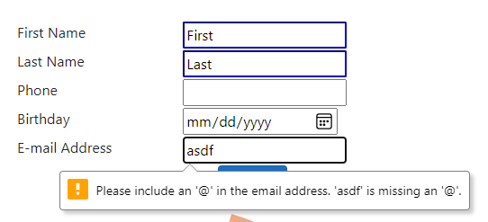 Screenshot of a completed form that shows various input types and automatic validation.