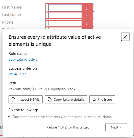 Screenshot of an error message showing that a unique ID attribute is required for each input.