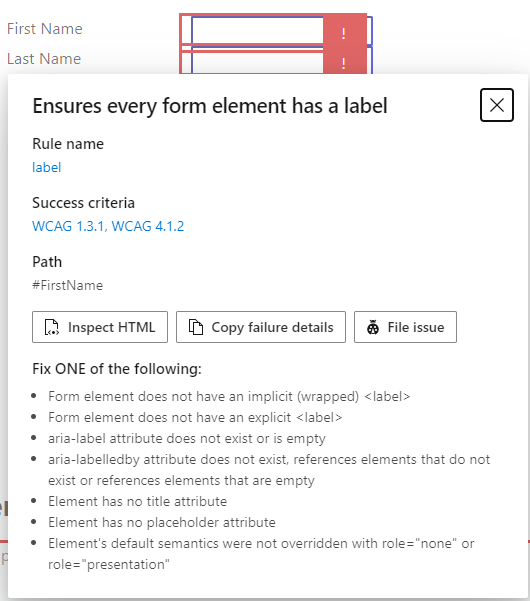 Screenshot of an error message showing that each form element should have an associated label.