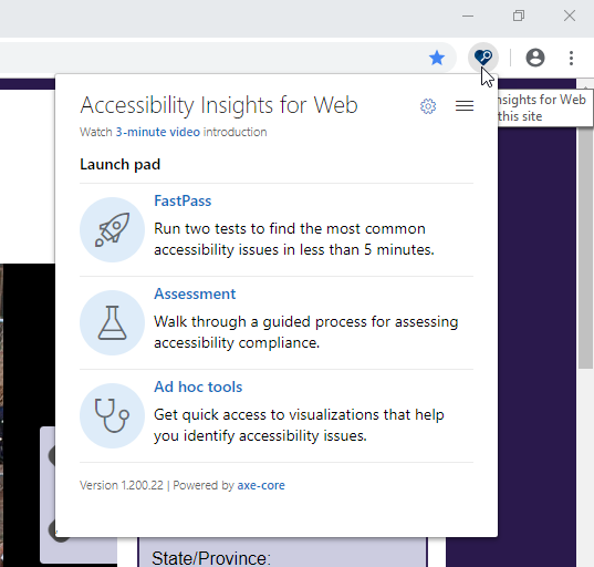 Screenshot that shows the launch pad in Accessibility Insights for Web.