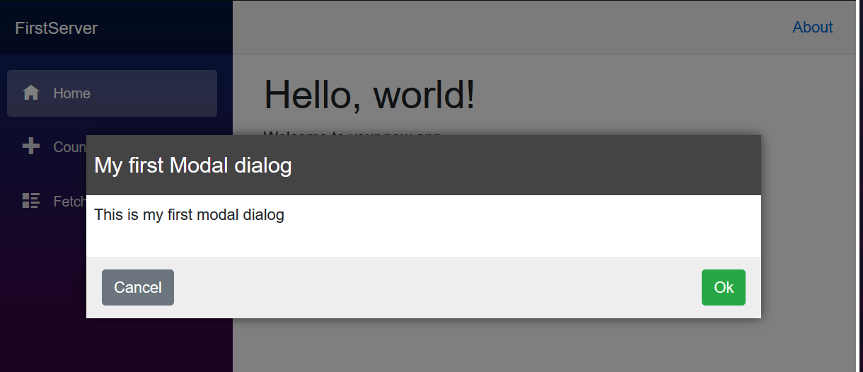 Screenshot of the modal dialog to be created in the standard Blazor template application.