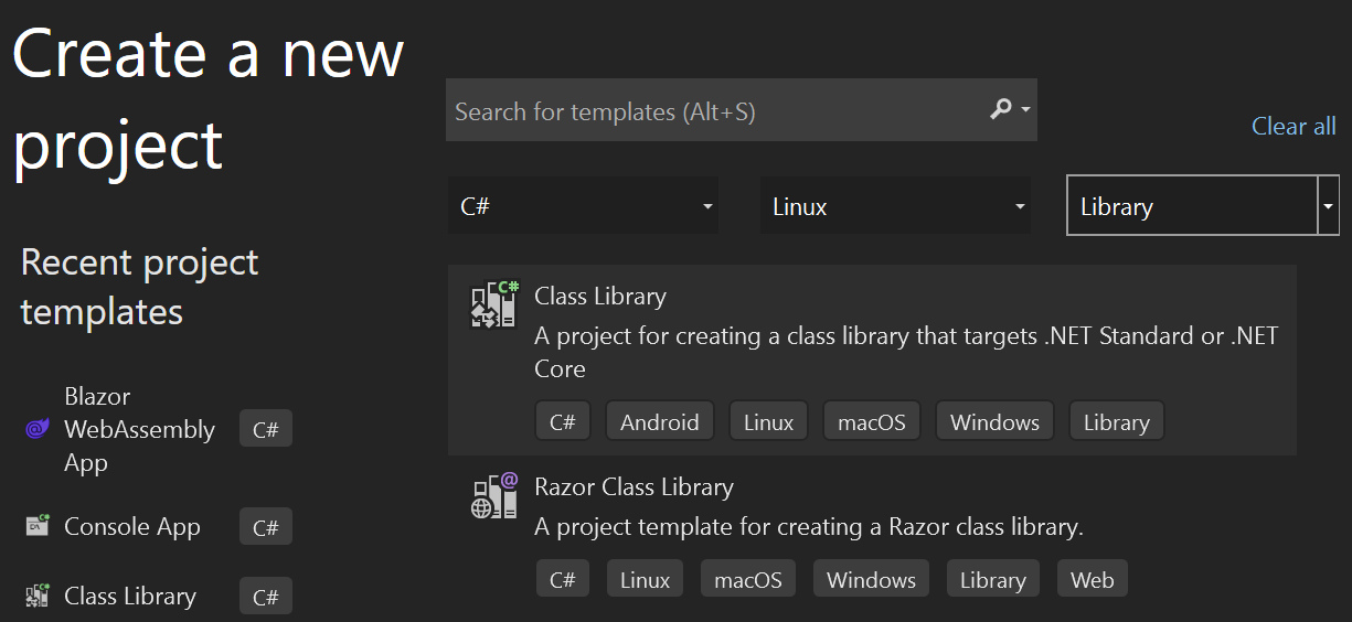 Screenshot of the "Create a new project" pane Razor component library template links in Visual Studio.