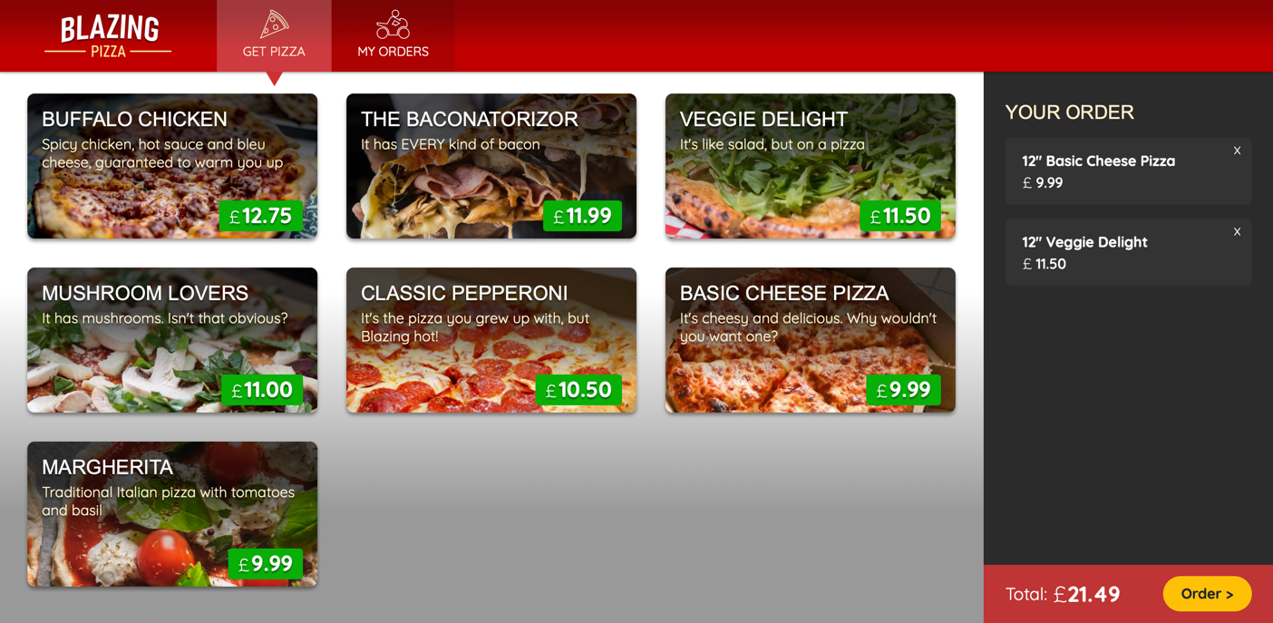 Screenshot of the Blazing Pizza app after cloning it