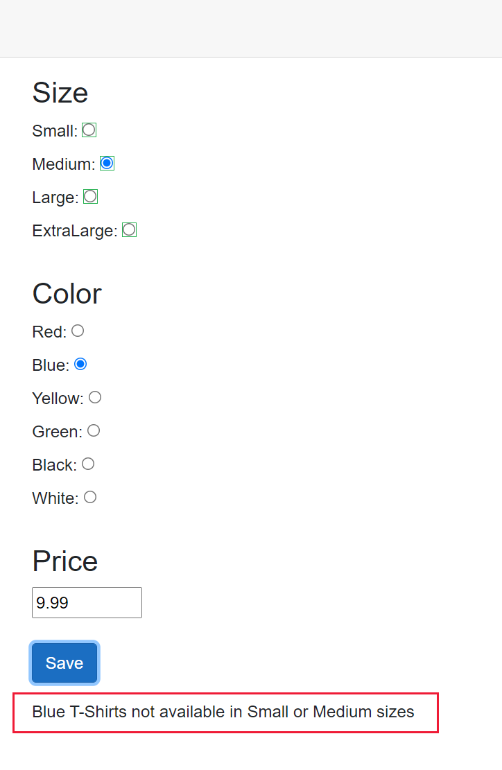 Screenshot of the T-shirt form showing a validation error after it has been submitted.