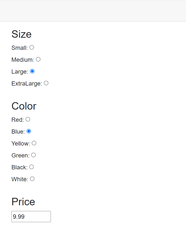 Screenshot of the EditForm showing the radio button groups for T-Shirt size and color.