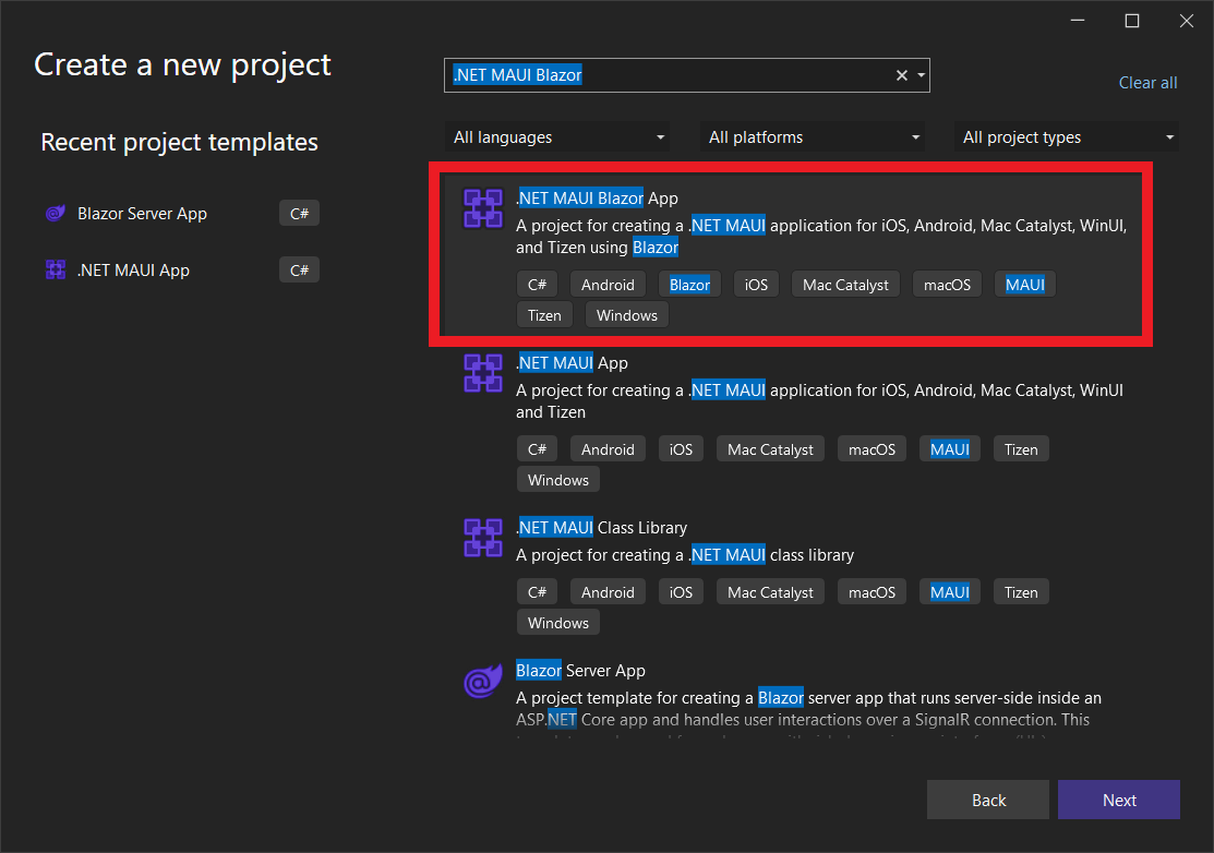Screenshot of the Visual Studio 2022 Create New Project screen and the .NET MAUI Blazor App template.