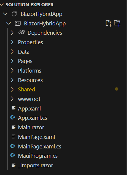 Screenshot of Visual Studio Code Solution Explorer with a list of the files in a default .NET MAUI Blazor project.