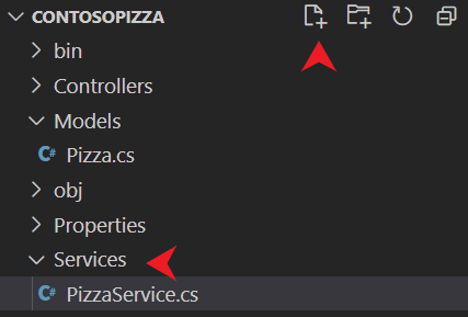 Screenshot of Visual Studio Code that shows adding a new file to the Services folder.