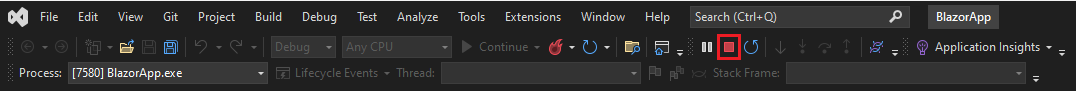 Screenshot of the Debug Toolbar in Visual Studio with the Stop Debugging button highlighted.