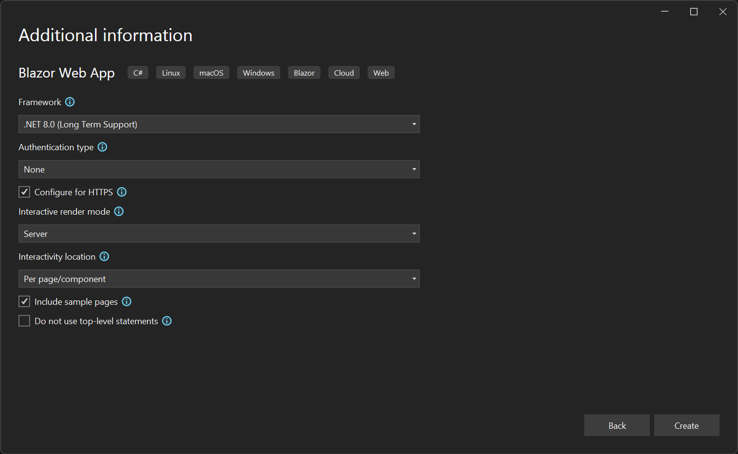 Screenshot of Visual Studio 2022 additional information screen for the Blazor project.