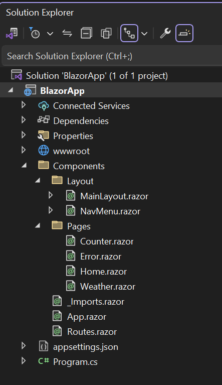 Screenshot of Visual Studio 2022 Solution Explorer with a list of the files in a default Blazor project.