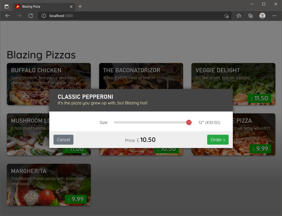 Screenshot showing the pizza ordering dialog.