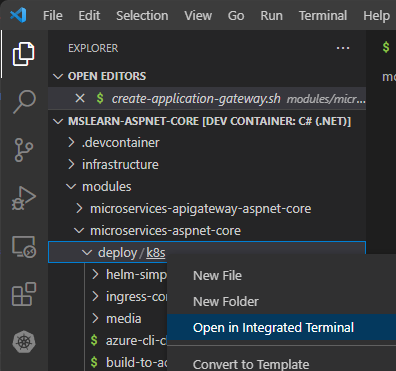 Screenshot of the explorer pane in Visual Studio Code. The context menu for the k8s folder is displayed, and Open in Integrated Terminal is selected.