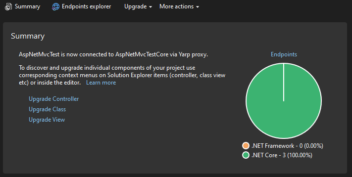 Screenshot of the Summary tab in the Upgrade Assistant showing all the endpoints have been migrated.
