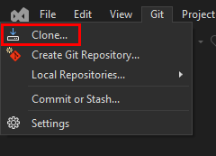 Screenshot of the Visual Studio Git Clone menu command.