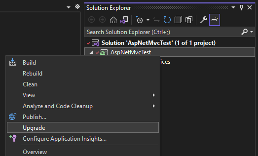 Screenshot of Solution Explorer with the project's context menu displayed and the Upgrade command highlighted.
