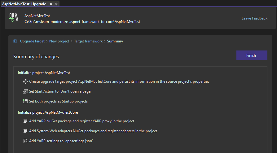 Screenshot of the last screen of the wizard, displaying the tasks to be performed when creating the new AspNetMvcTestCore project.