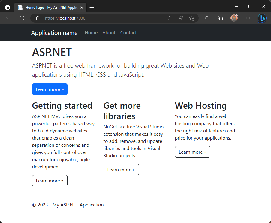 Screenshot of browser window showing the ASP.NET Core application's home page.